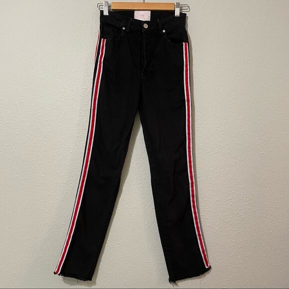 Revice Black Button Fly High Rise Red Stripe Skinny Jeans Womens 25 Raw Hem - Picture 1 of 9